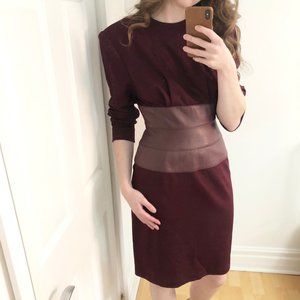 Stunning Vintage Leather Wool Sheath Dress Maroon